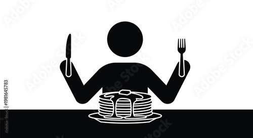 Simple black and white icon of a human figure holding a fork and knife, prepared to eat pancakes.
