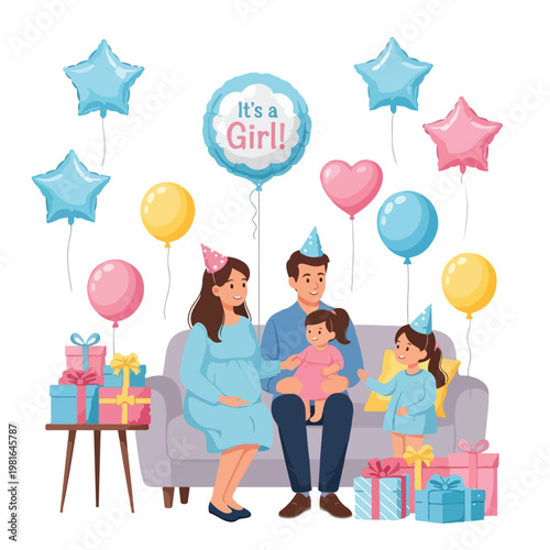 A family sits on a couch at a gender reveal party with balloons and gifts