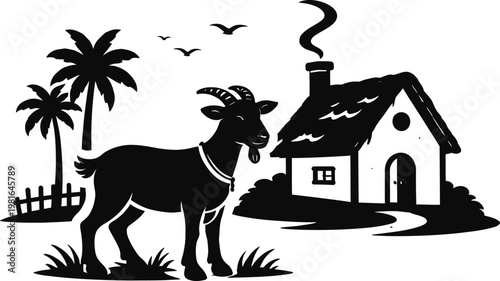 Goat in front of a rustic house and palm trees with countryside livestock building tropical outdoors domestic agriculture illustration silhouette pastoral landscape charming dwelling
