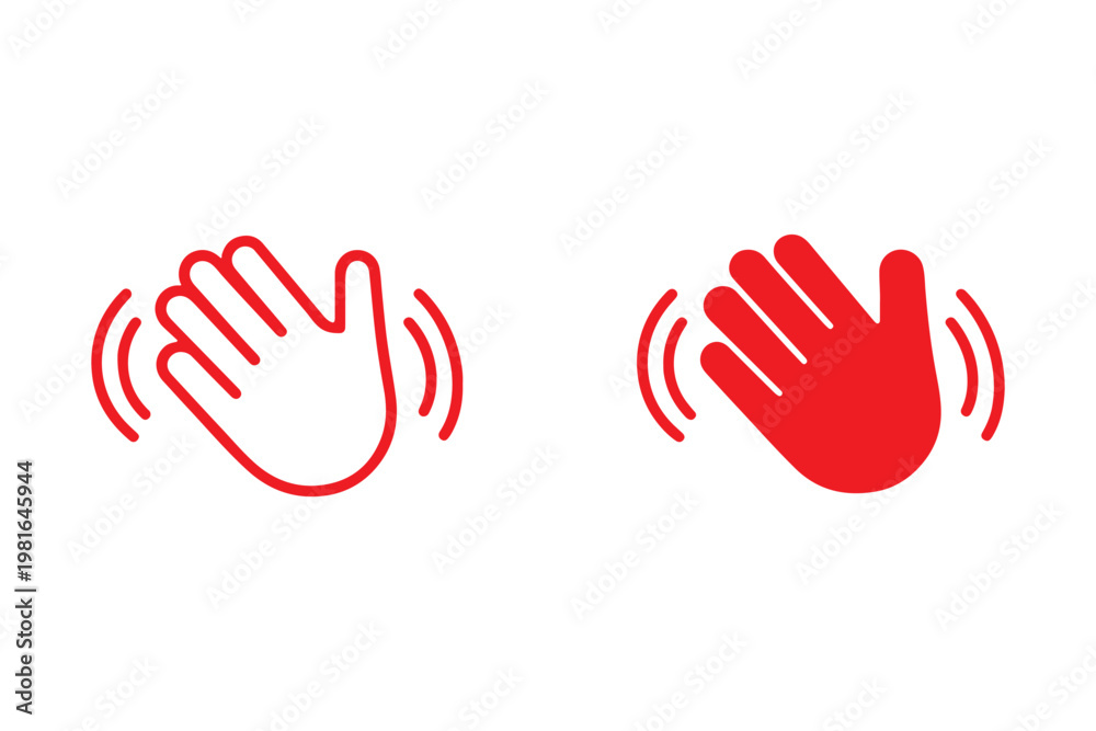 Fototapeta premium Waving hand icon set representing greetings or stopping. Vector illustration of open palms in outline, solid, and yellow styles.