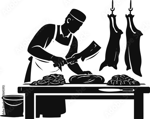 Butcher cutting meat at a table with hanging carcasses food service slaughter