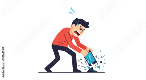 A frustrated man smashing his cracked mobile phone against the ground in anger