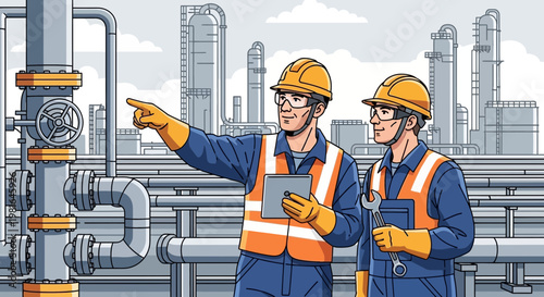 Industrial workers inspecting refinery equipment, pointing at valves and pipes with tablet and wrench.