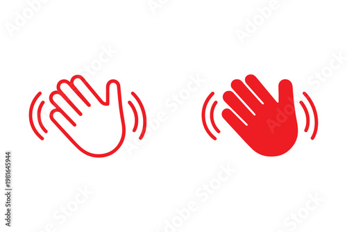Waving hand icon set representing greetings or stopping. Vector illustration of open palms in outline, solid, and yellow styles.