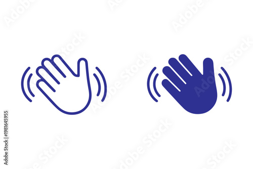 Waving hand icon set representing greetings or stopping. Vector illustration of open palms in outline, solid, and yellow styles.