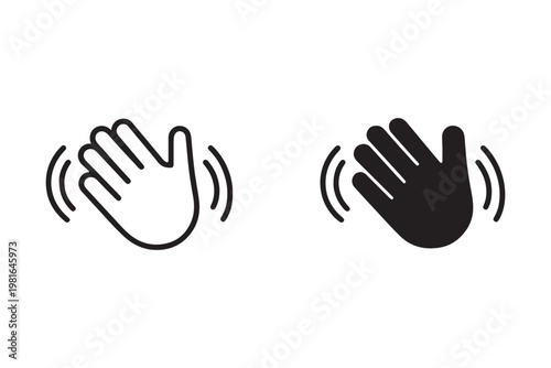 Waving hand icon set representing greetings or stopping. Vector illustration of open palms in outline, solid, and yellow styles.