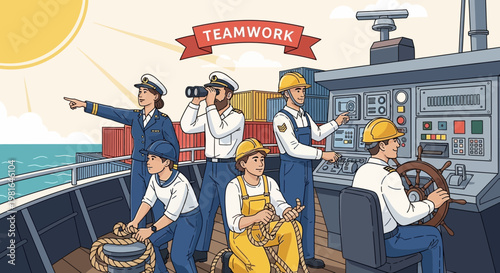 Diverse maritime crew working together on ship deck, teamwork and cooperation concept.