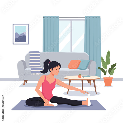 A young woman stretches her legs while sitting on a yoga mat in her living room