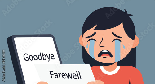 A sad girl crying while looking at a screen displaying a farewell message text
