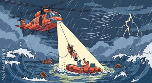Helicopter rescue operation in stormy sea with lightning and waves, lifting person from dinghy