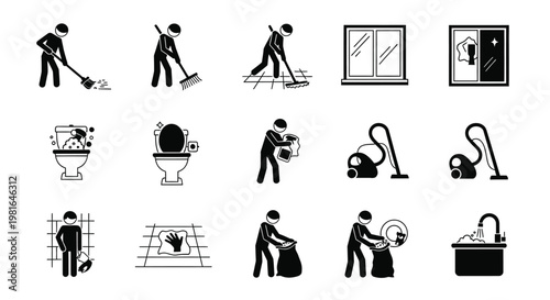 Various stick figure icons representing people performing different types of household cleaning and tidying tasks at home