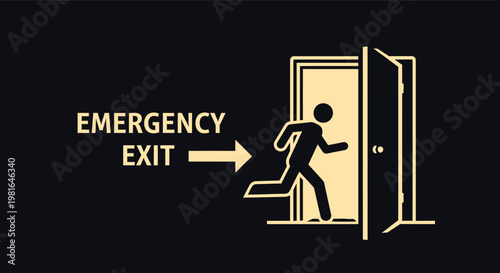 Emergency exit sign with person running towards open door symbol.