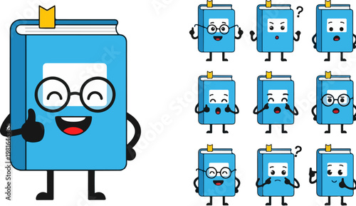 Cute book character mascot set, blue cartoon book emoji collection with various facial expressions, 10 educational vector icons for school and library