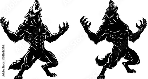 Muscular werewolf mascot vector set, aggressive howling lycanthrope silhouette, powerful monster beast illustrations for sports and gaming logos
