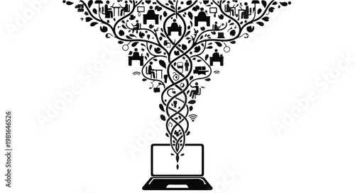 Laptop computer acts as a base for a sprawling tree structure filled with tiny icons of office work to illustrate the vast connectivity of global business operations and cloud data.