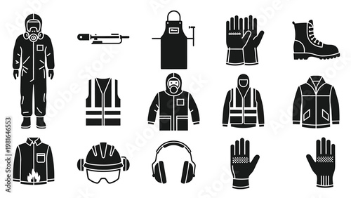 Industrial safety icons set, personal protective equipment, firefighter uniform, helmet, gloves, boots, and fire extinguisher symbol.