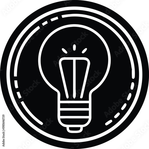 Black circle with white lightbulb and dashed lines