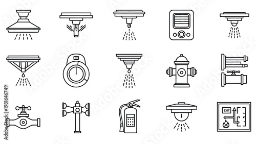 Set of outline fire safety and suppression icons including various sprinkler types, smoke detector, fire hydrant, pipes, valves, alarm, and emergency exit map.