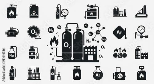 Chemical Industry Icons - Gas Tanks, Molecules, and Industrial Processes.