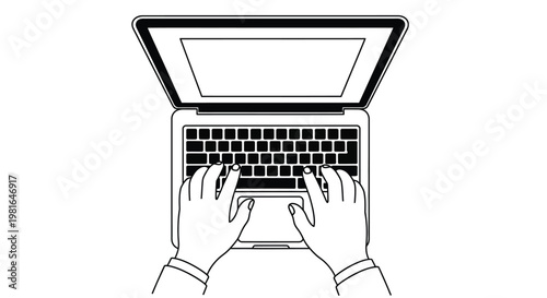 Illustrative depiction of human hands actively typing on a laptop keyboard from an overhead view.