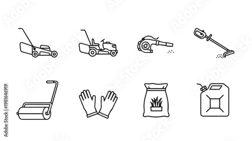 Gardening and Lawn Care Equipment Icons SetLine Art Style