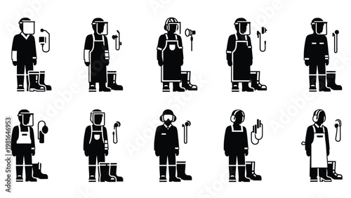 Set of silhouette icons representing workers in protective gear for hazardous environments.