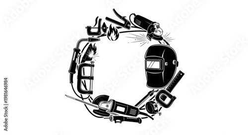 Circular Arrangement of Welding and Construction Tools in Black and White.
