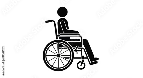 Minimalist black icon depicting a person sitting in a wheelchair for medical accessibility and physical disability awareness