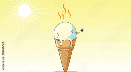 Cartoon illustration showing a single scoop of vanilla ice cream rapidly melting in a waffle cone under the intense summer sun, attracting a fly.