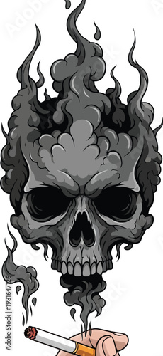 Hand holding a lit cigarette with dark smoke forming a menacing skull, symbolizing the dangers of smoking and its detrimental health effects.