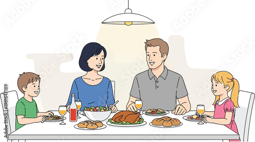 Happy family enjoying a delicious home cooked dinner together at the dining table during a cozy festive holiday meal celebration