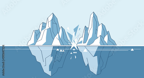 Minimalist illustration of a large iceberg splitting in half, with its reflection visible below the water surface, depicting a hidden problem or division.
