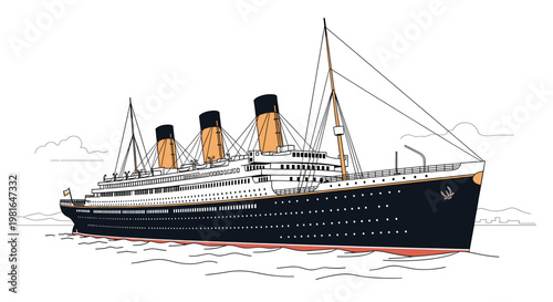 A detailed illustration of the RMS Titanic, a majestic ocean liner, sailing on calm waters under a cloudy sky.