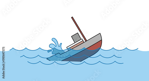 A cartoon illustration of a small boat sinking into wavy blue water with a splash, depicting a maritime accident or disaster.