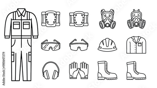Personal protective equipment line icons collection including workwear mask and boots.