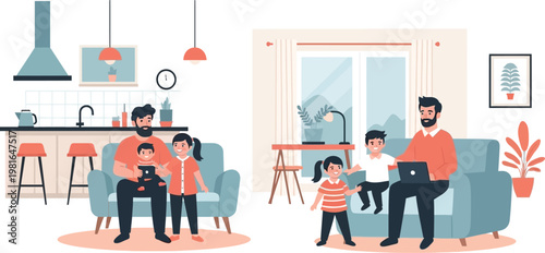 Bearded fathers spending quality time and bonding with their young children while sitting together on comfortable sofas at home