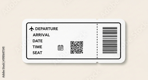 Close-up of a White Airline Ticket with Barcode and QR Code.