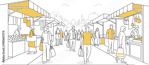 Shoppers explore a lively outdoor market filled with bustling stalls, vendors, and fresh produce, creating an engaging urban shopping experience illustration.