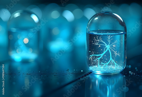 Glass Container With Glowing Blue Liquid and Illuminated Design Inside in a Dark Space