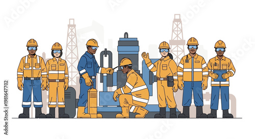 Diverse industrial workers in safety gear at oil refinery complex