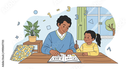 Father Helping Daughter with Math Homework at Table, Learning and Education Concept