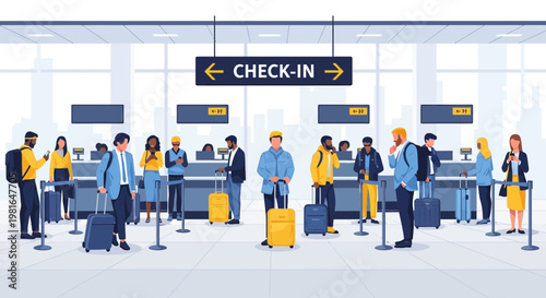 Diverse travelers queuing at airport check-in counters with luggage