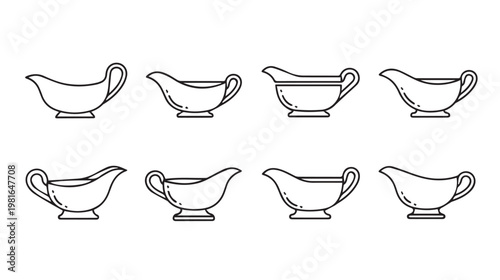 Gravy Boats Collection Line Art Various Styles Isolated on White Background