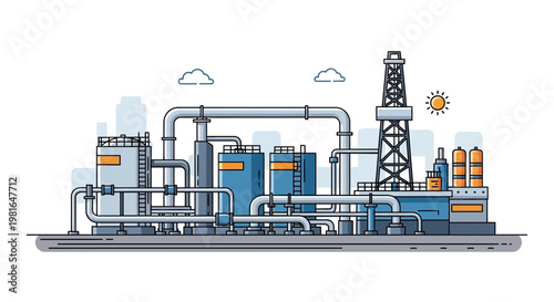 Industrial Oil Refinery Plant with Pipelines, Storage Tanks, and Drilling Rig
