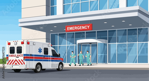 Ambulance Arrives at Hospital Emergency Entrance with Medical Staff