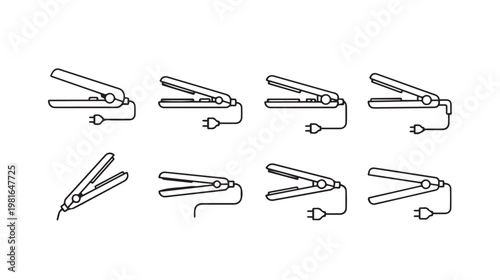 Hair Straightener Icons with Plugs Various Angles Line Art