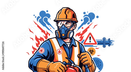Industrial worker in protective gear with fire extinguisher and hazard symbols