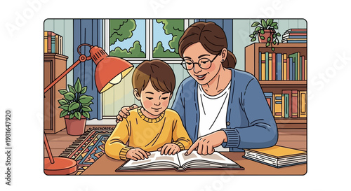 Mother helping son with homework at desk, reading book with lamp light