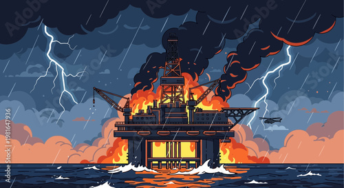 Offshore oil rig explosion during a severe thunderstorm with lightning and heavy rain at sea.