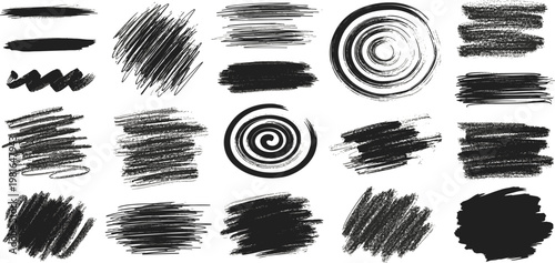 Grunge Brush Stroke Texture Collection with Hand Drawn Ink Scribbles, Rough Paint Stains and Abstract Black Brush Elements for Artistic Design Projects